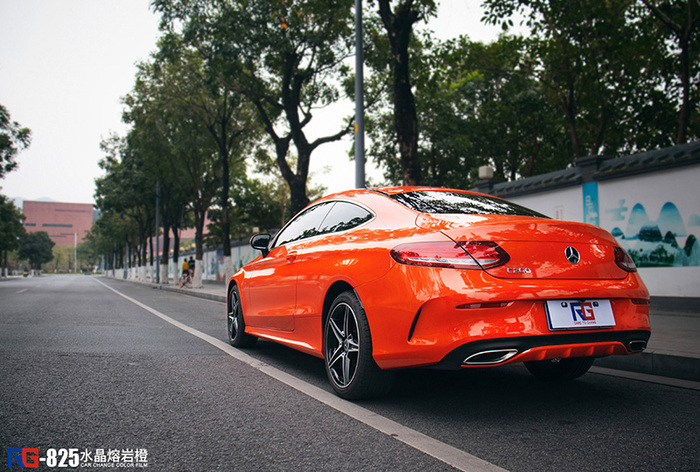 奔驰c200改色贴膜水晶熔岩橙案例 英国rg瑞集汽车改色膜中国代理广州
