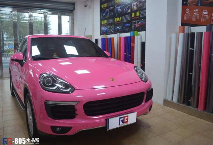 保时捷卡宴改色贴膜水晶粉案例 英国rg瑞集汽车改色膜广东佛山加盟店